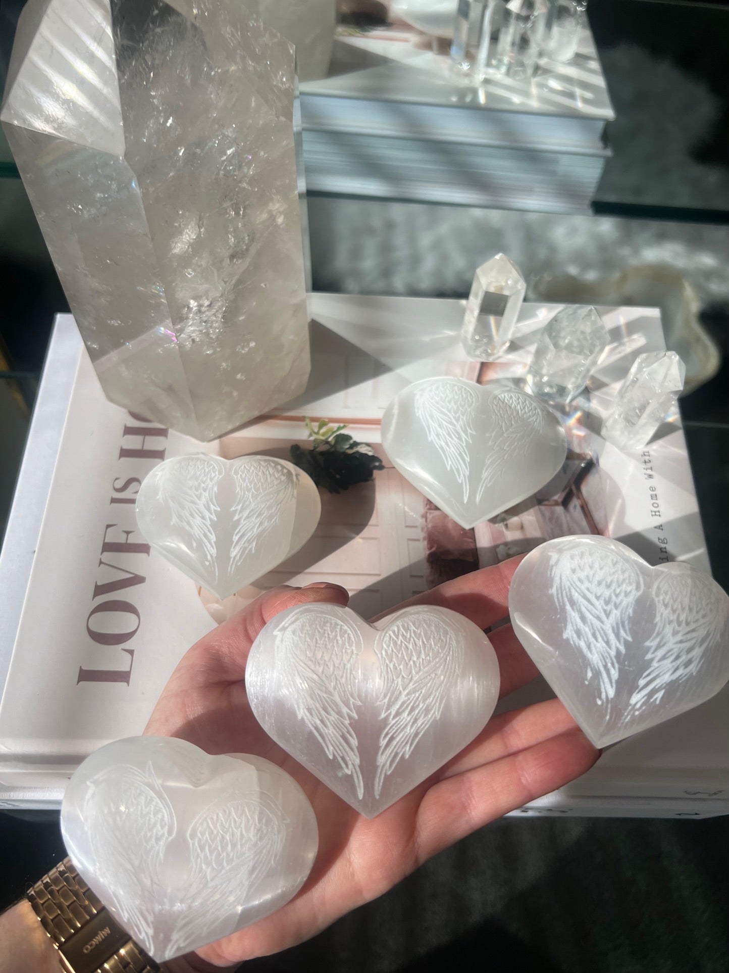 Selenite Engraved Heart - Angel Wings 140g