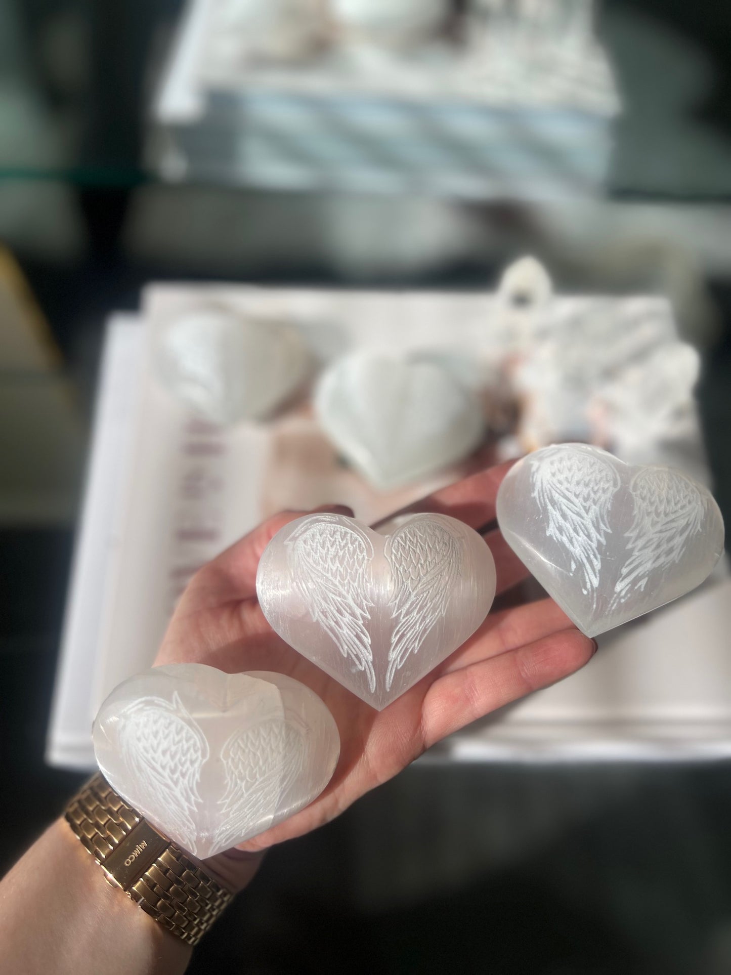 Selenite Engraved Heart - Angel Wings 140g