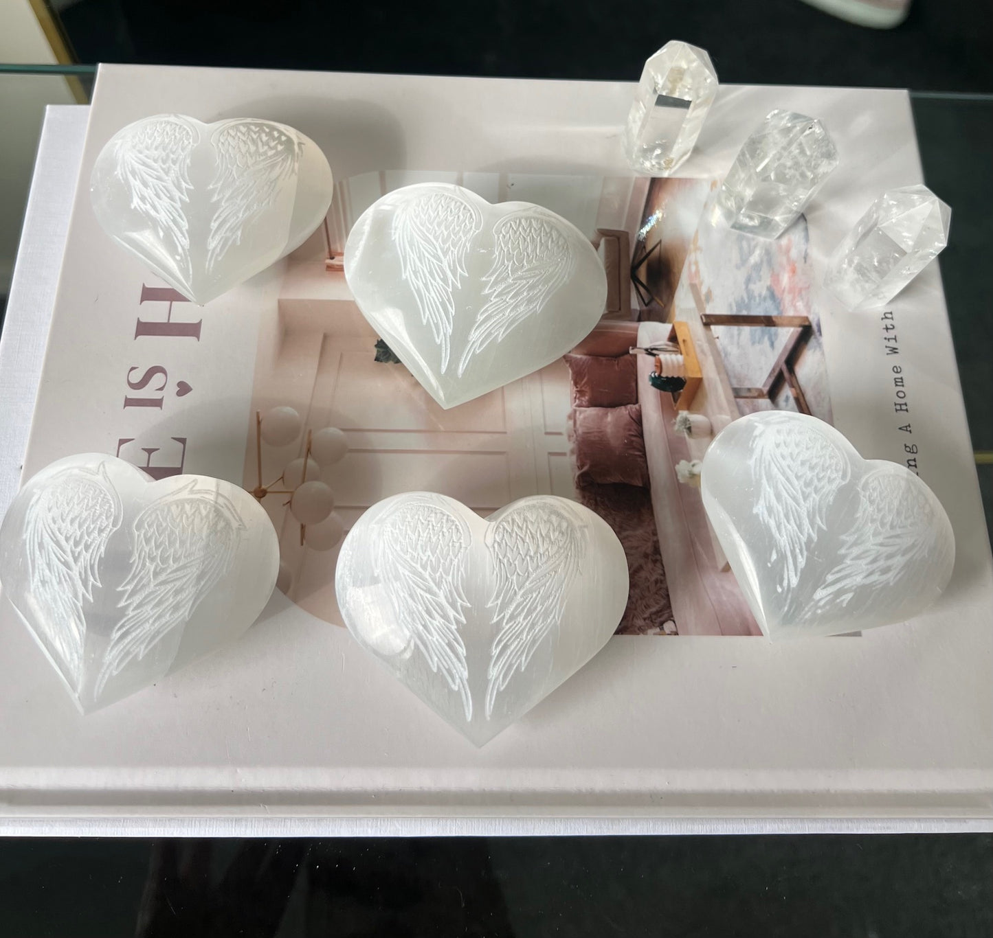 Selenite Engraved Heart - Angel Wings 140g