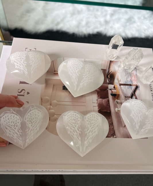 Selenite Engraved Heart - Angel Wings 140g