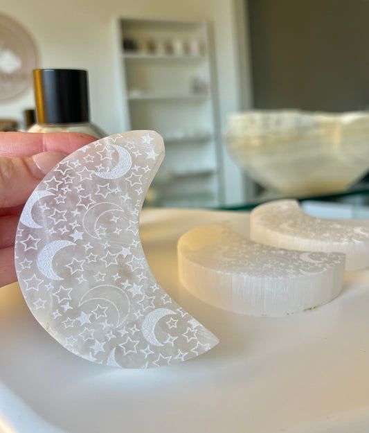 Selenite Engraved Moon - 131g