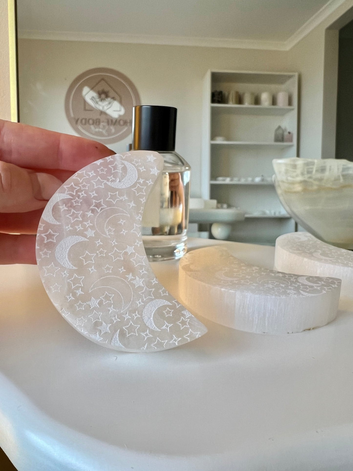 Selenite Engraved Moon - 131g