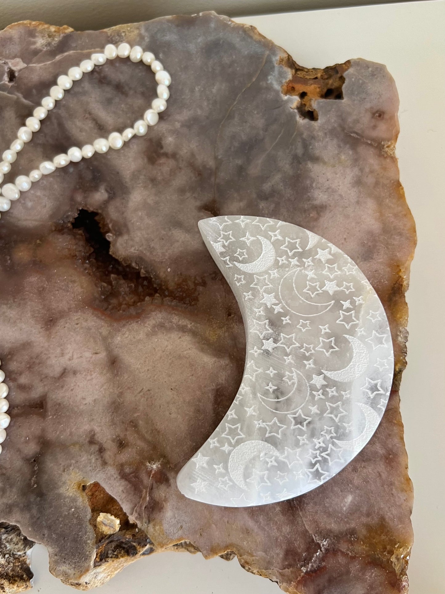 Selenite Engraved Moon - 131g