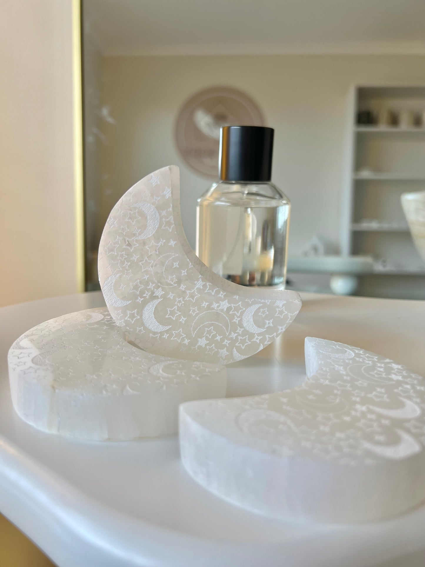Selenite Engraved Moon - 131g