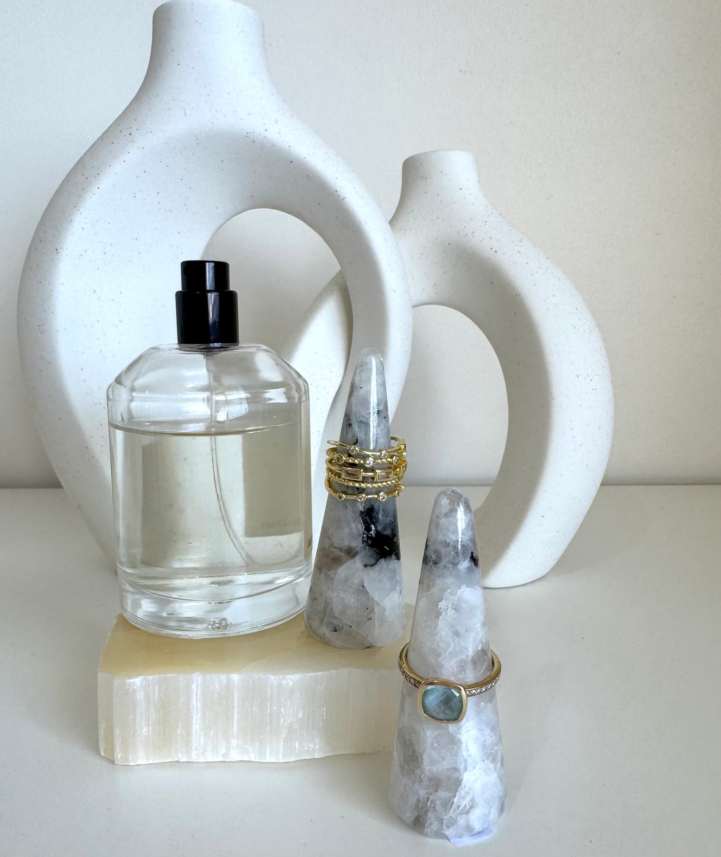 Ring Holder - White Rainbow Moonstone Crystal
