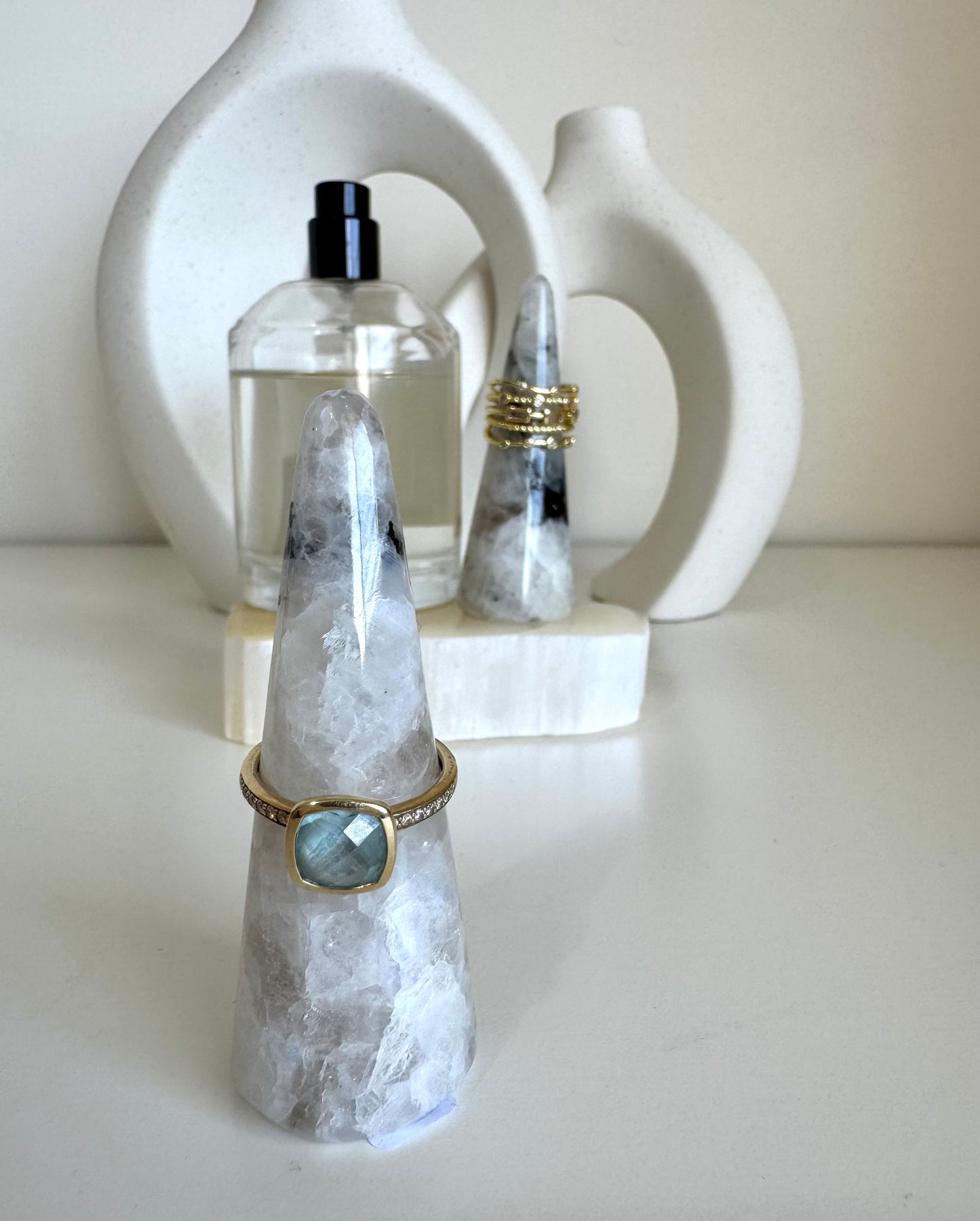 Ring Holder - White Rainbow Moonstone Crystal