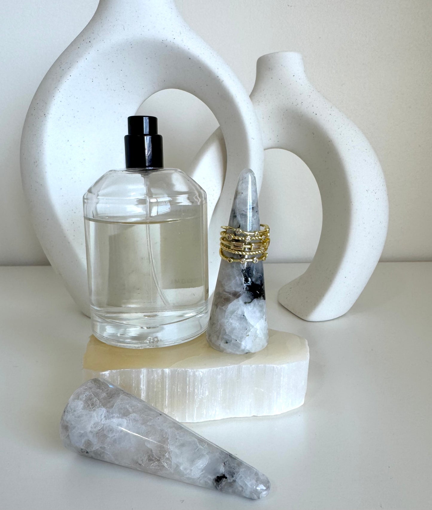Ring Holder - White Rainbow Moonstone Crystal