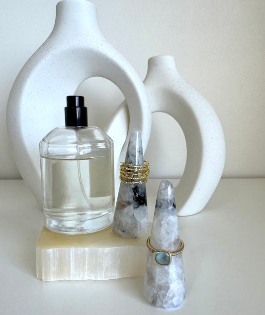 Ring Holder - White Rainbow Moonstone Crystal